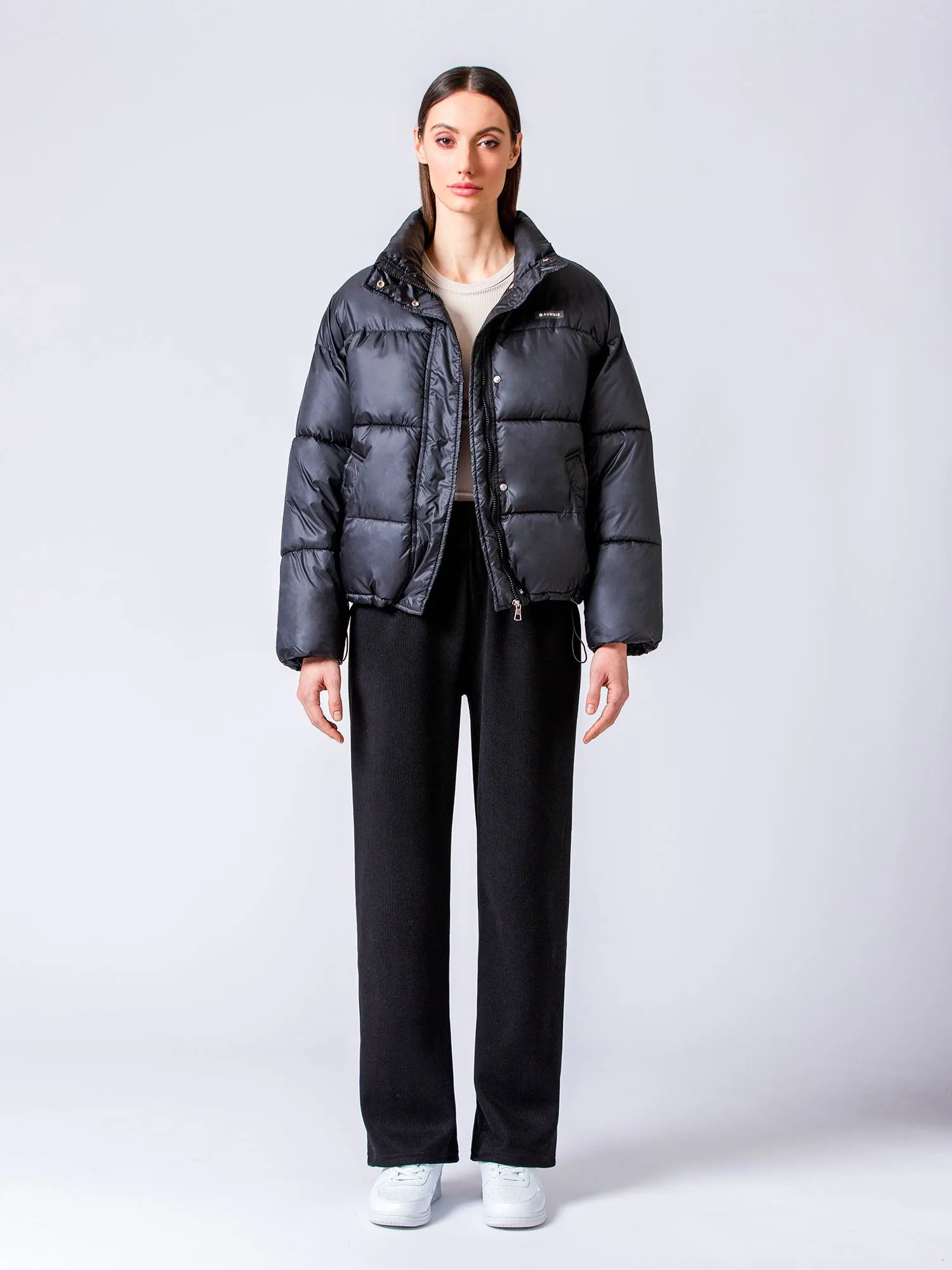 RIBBED HIGH WAIST WINTER FLEECE WIDE LEG SWEATPANTS, BLACK