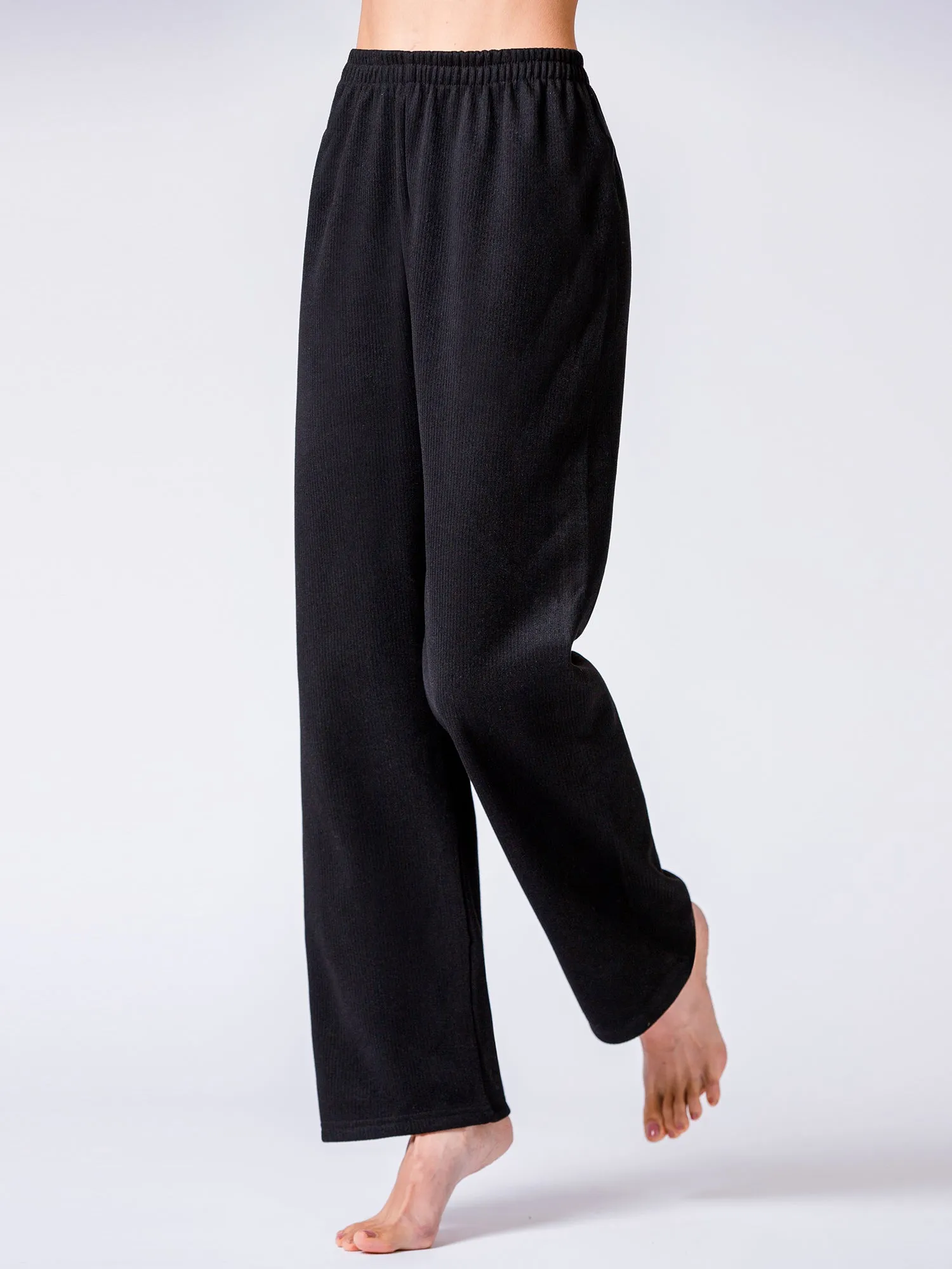 RIBBED HIGH WAIST WINTER FLEECE WIDE LEG SWEATPANTS, BLACK