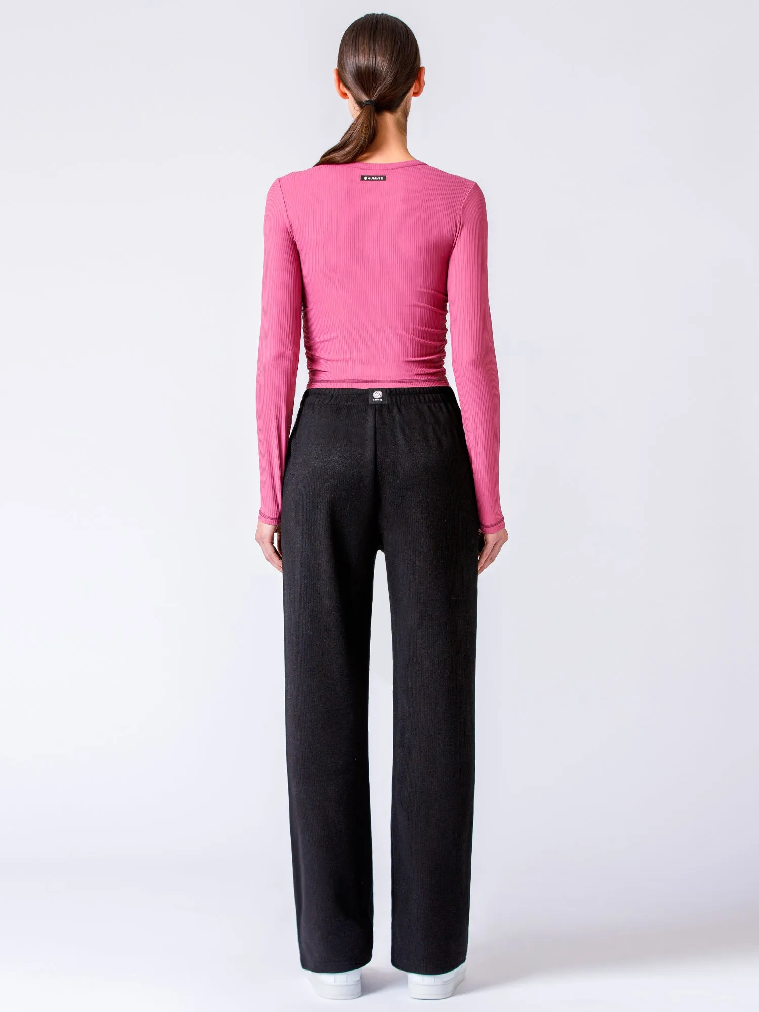 RIBBED HIGH WAIST WINTER FLEECE WIDE LEG SWEATPANTS, BLACK