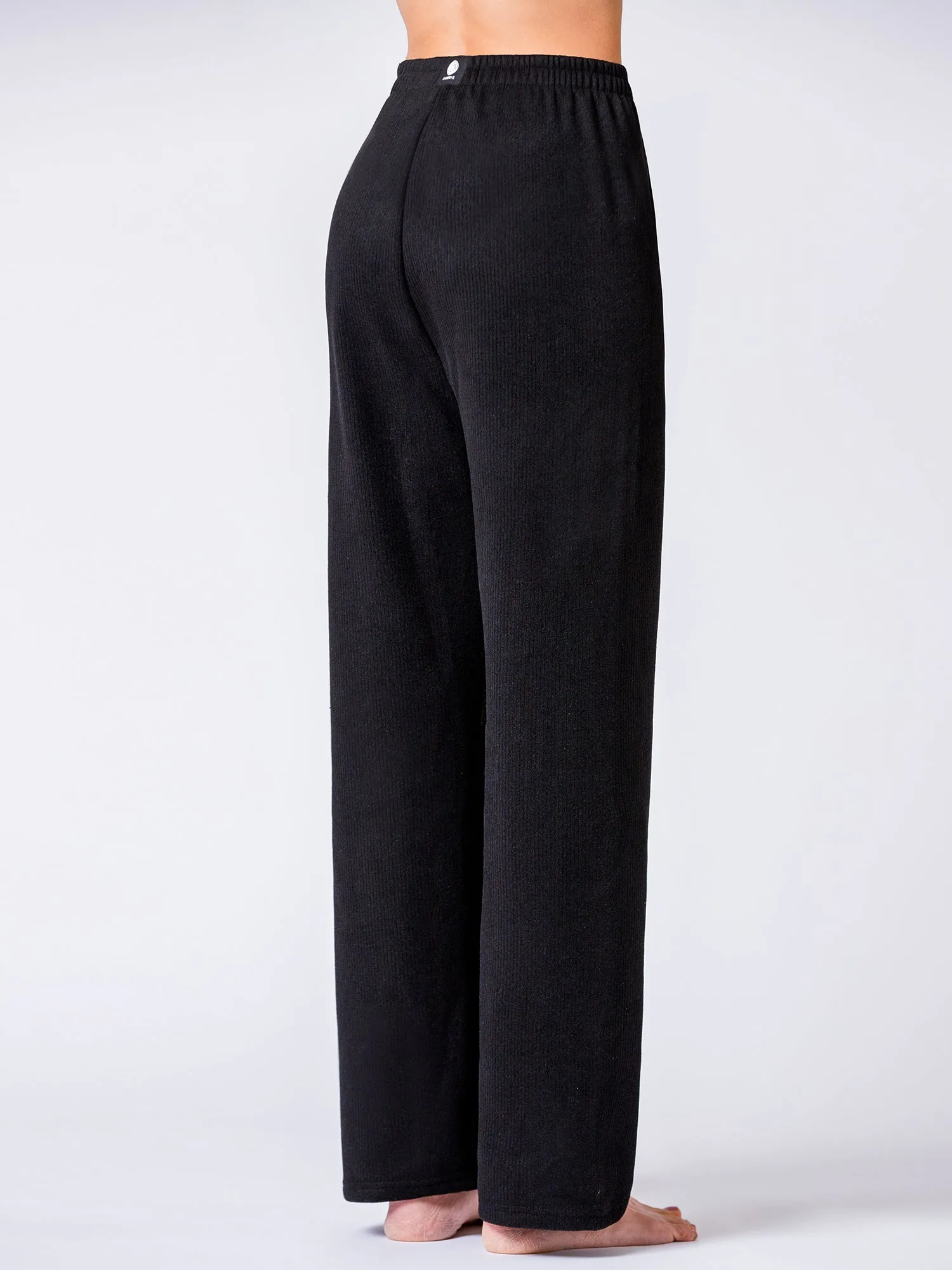 RIBBED HIGH WAIST WINTER FLEECE WIDE LEG SWEATPANTS, BLACK