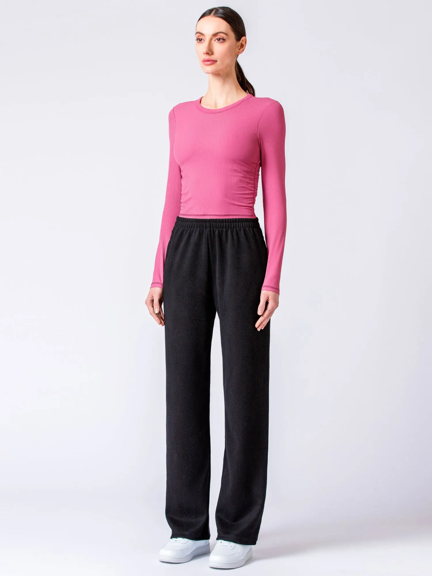 RIBBED HIGH WAIST WINTER FLEECE WIDE LEG SWEATPANTS, BLACK