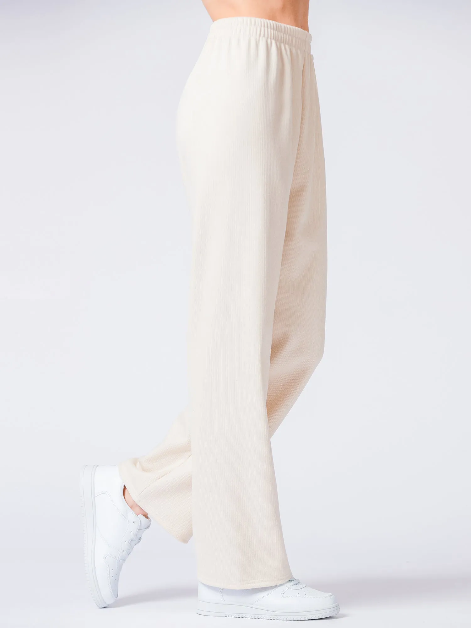 RIBBED HIGH WAIST WINTER FLEECE WIDE LEG SWEATPANTS, OATMEAL