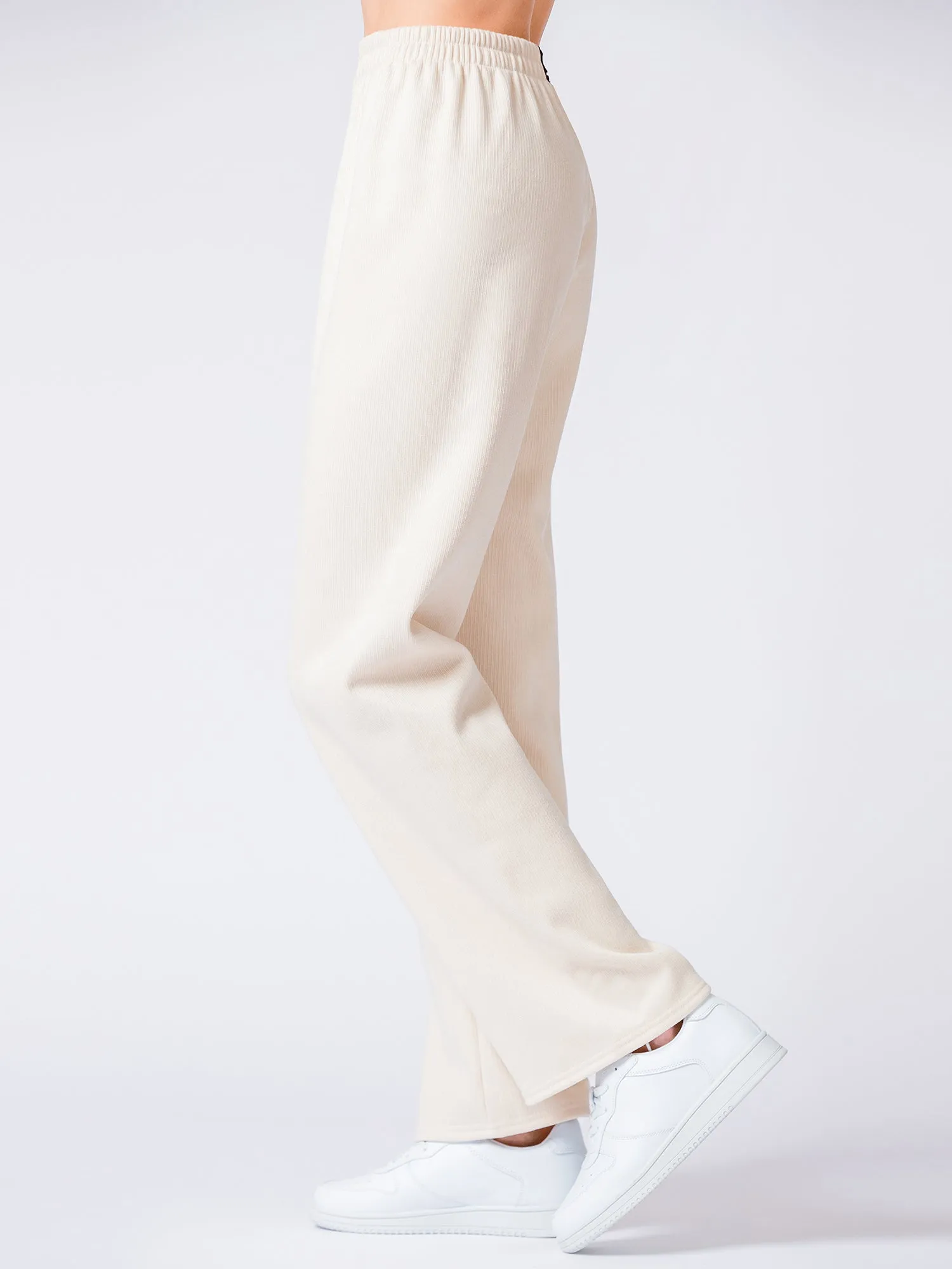 RIBBED HIGH WAIST WINTER FLEECE WIDE LEG SWEATPANTS, OATMEAL