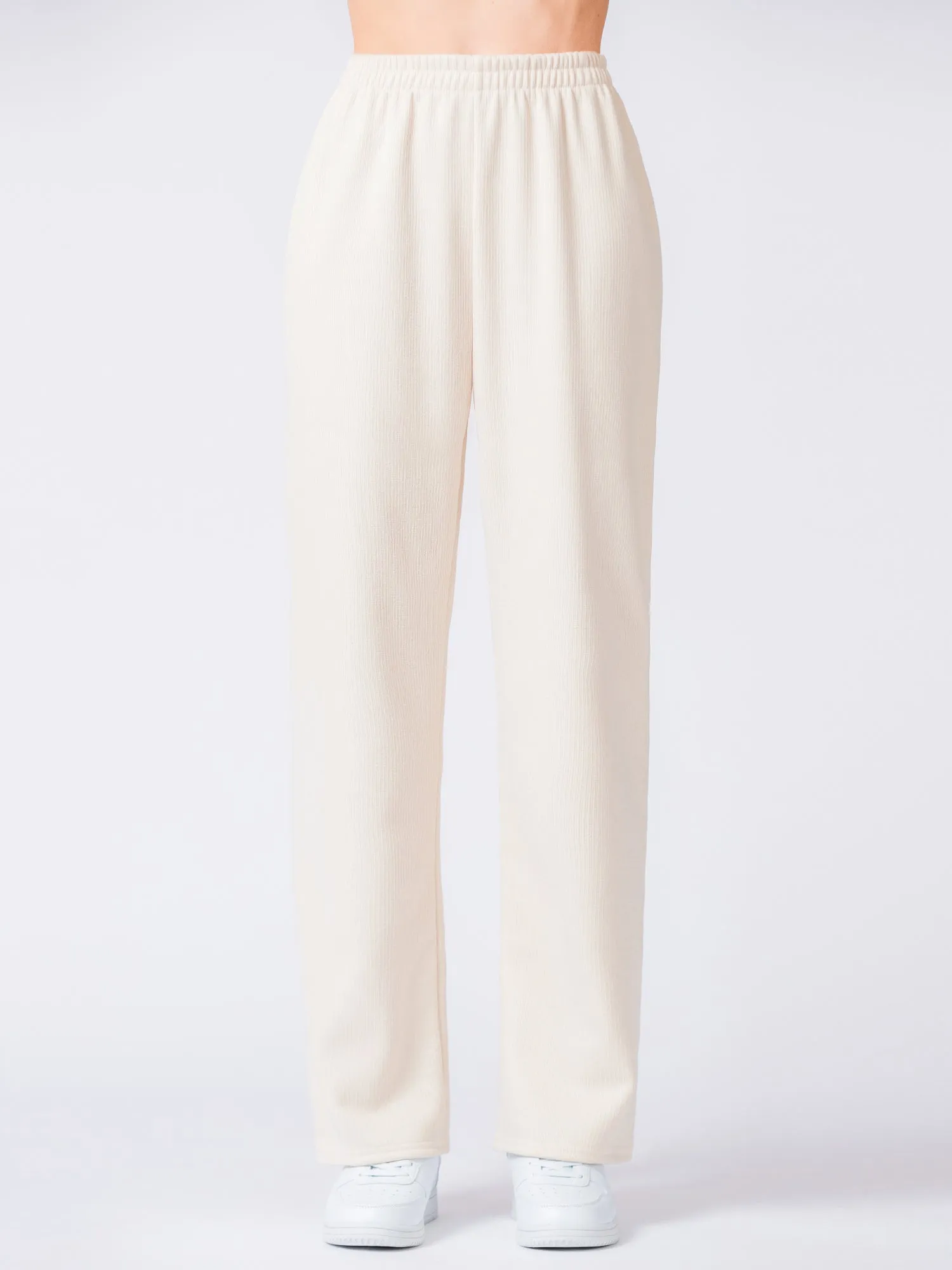 RIBBED HIGH WAIST WINTER FLEECE WIDE LEG SWEATPANTS, OATMEAL