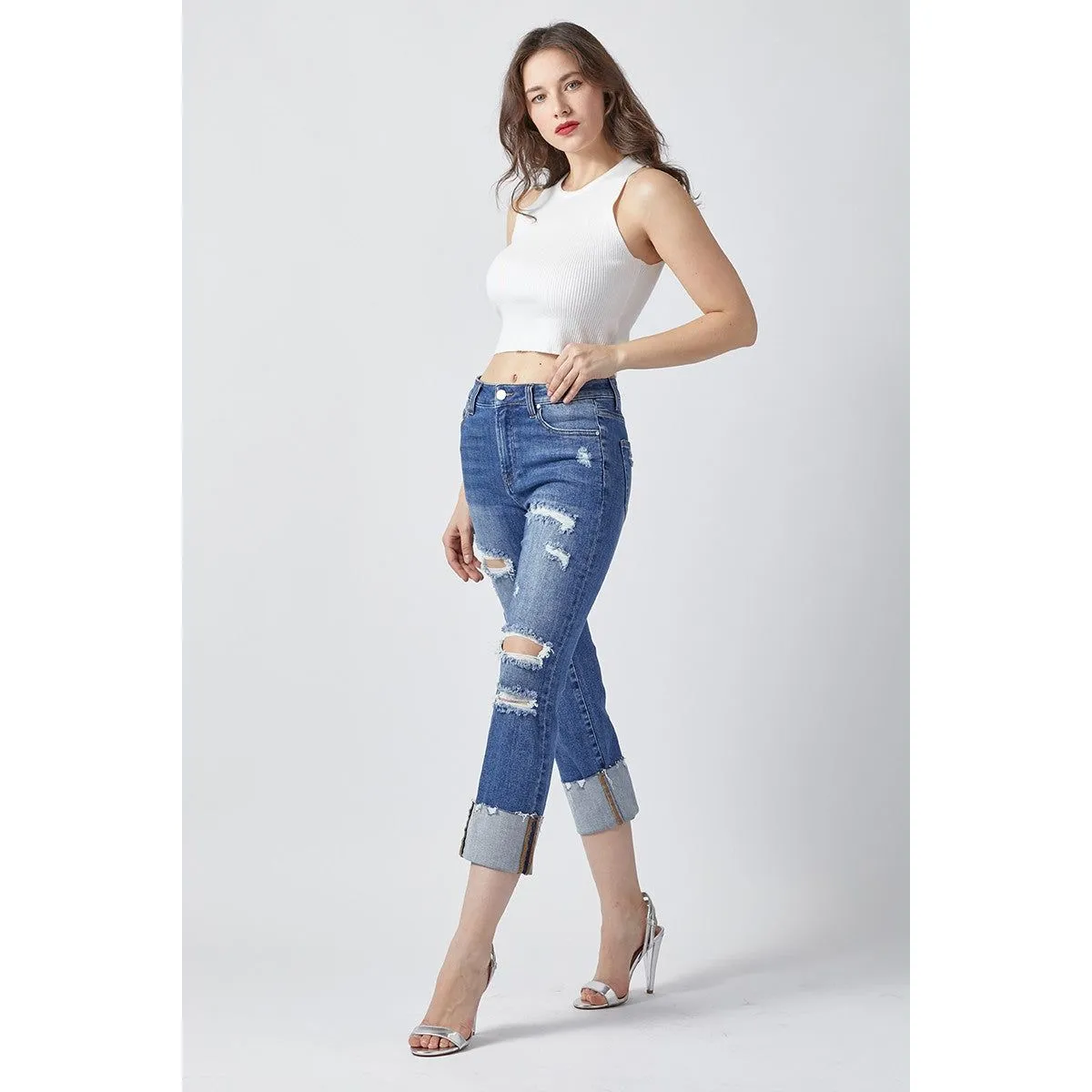 Risen Distressed Capri with Cuff