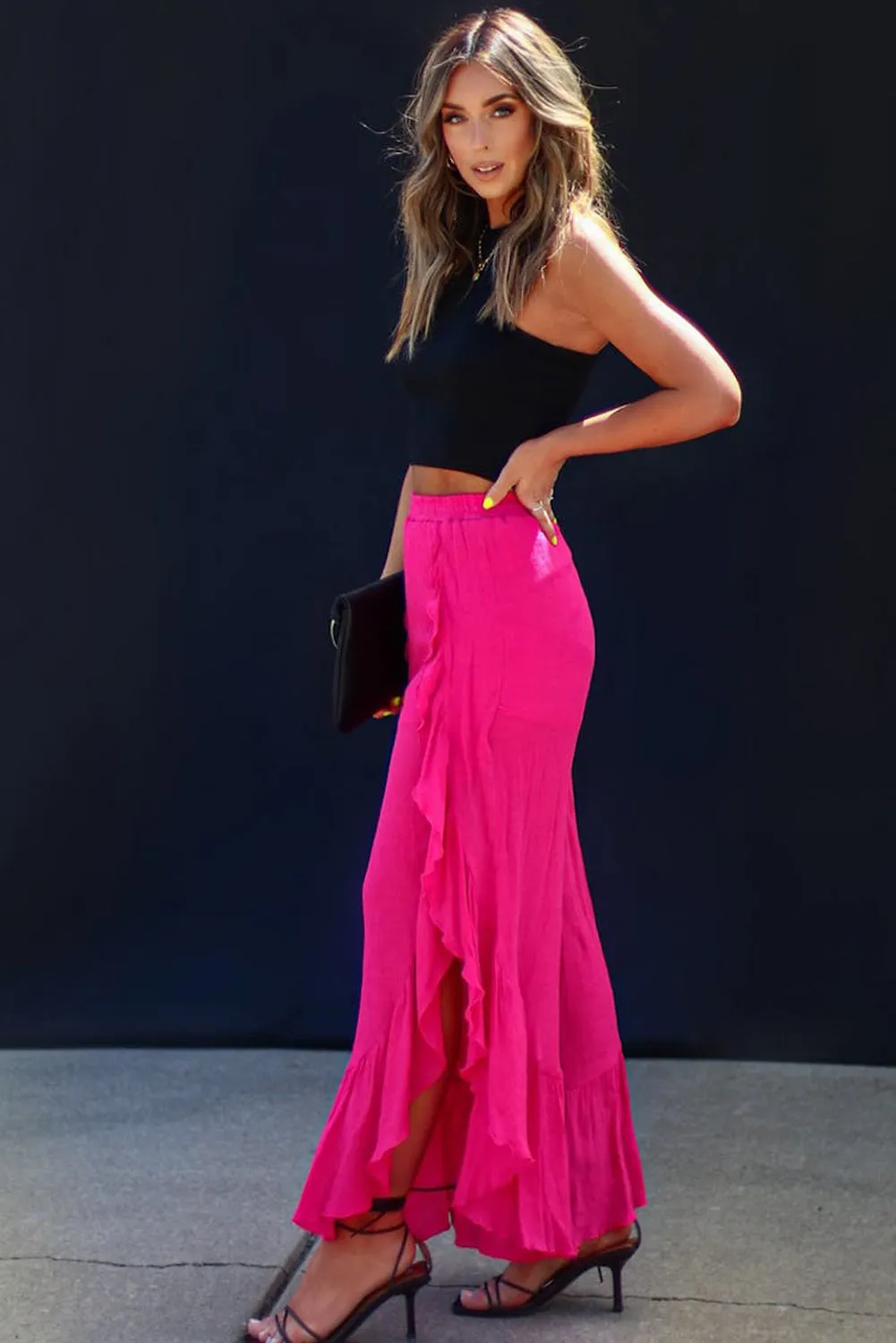Rose Ruffle Slit High Waist Wide Leg Pants