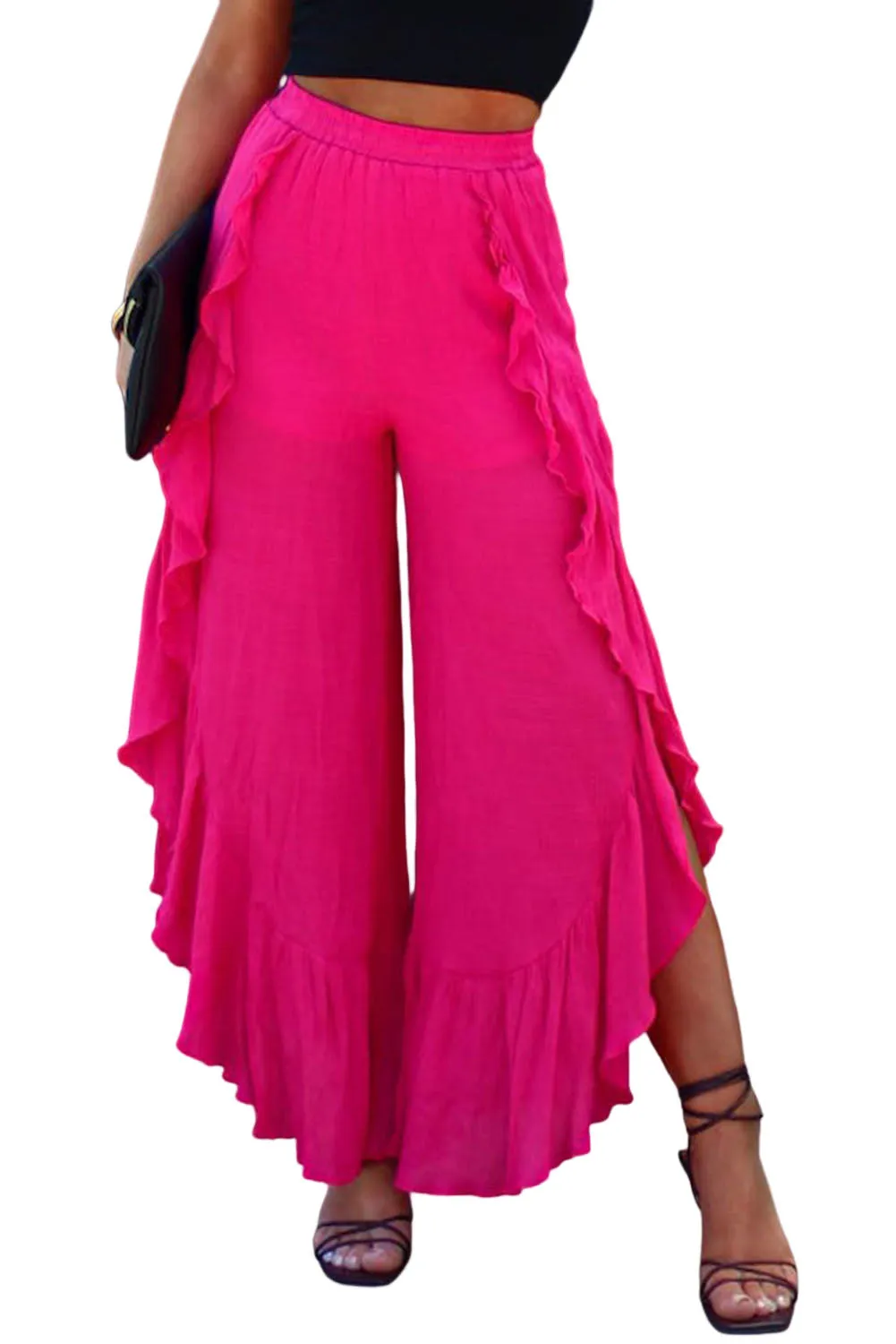 Rose Ruffle Slit High Waist Wide Leg Pants
