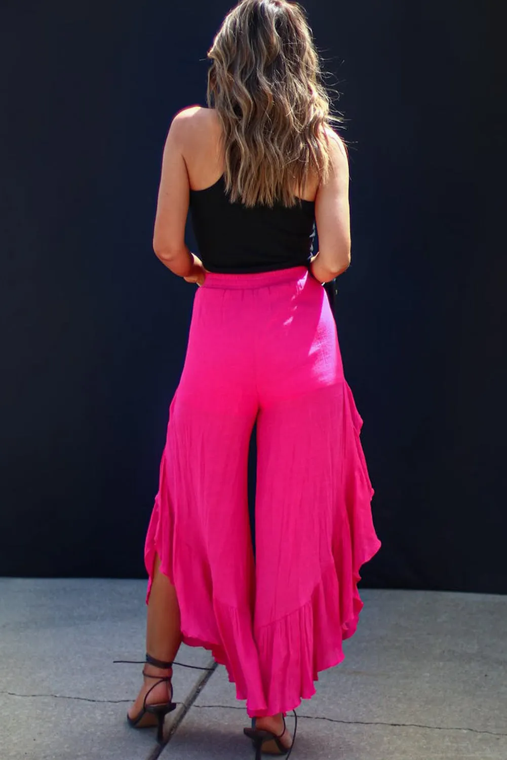 Rose Ruffle Slit High Waist Wide Leg Pants