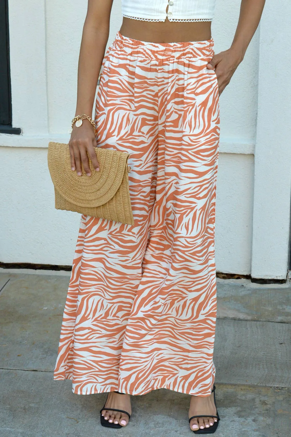 SALE Animal Print Elastic Waist Widel Leg Woven Pants