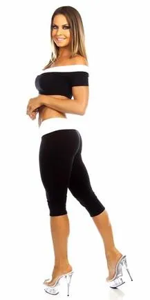 Sexy Roll Down Sport Band Stretch To Fit Shred Capri Yoga Leggings - Black/White