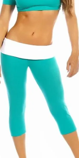 Sexy Roll Down Sport Band Stretch To Fit Shred Capri Yoga Leggings - Teal/White