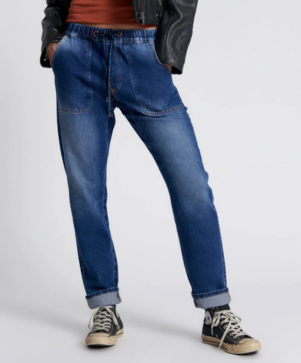 Shabbies Low Waist Drawstring Boyfriend Denim Jeans - Power Blue