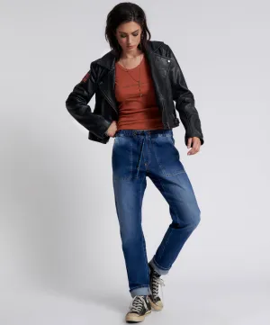 Shabbies Low Waist Drawstring Boyfriend Denim Jeans - Power Blue