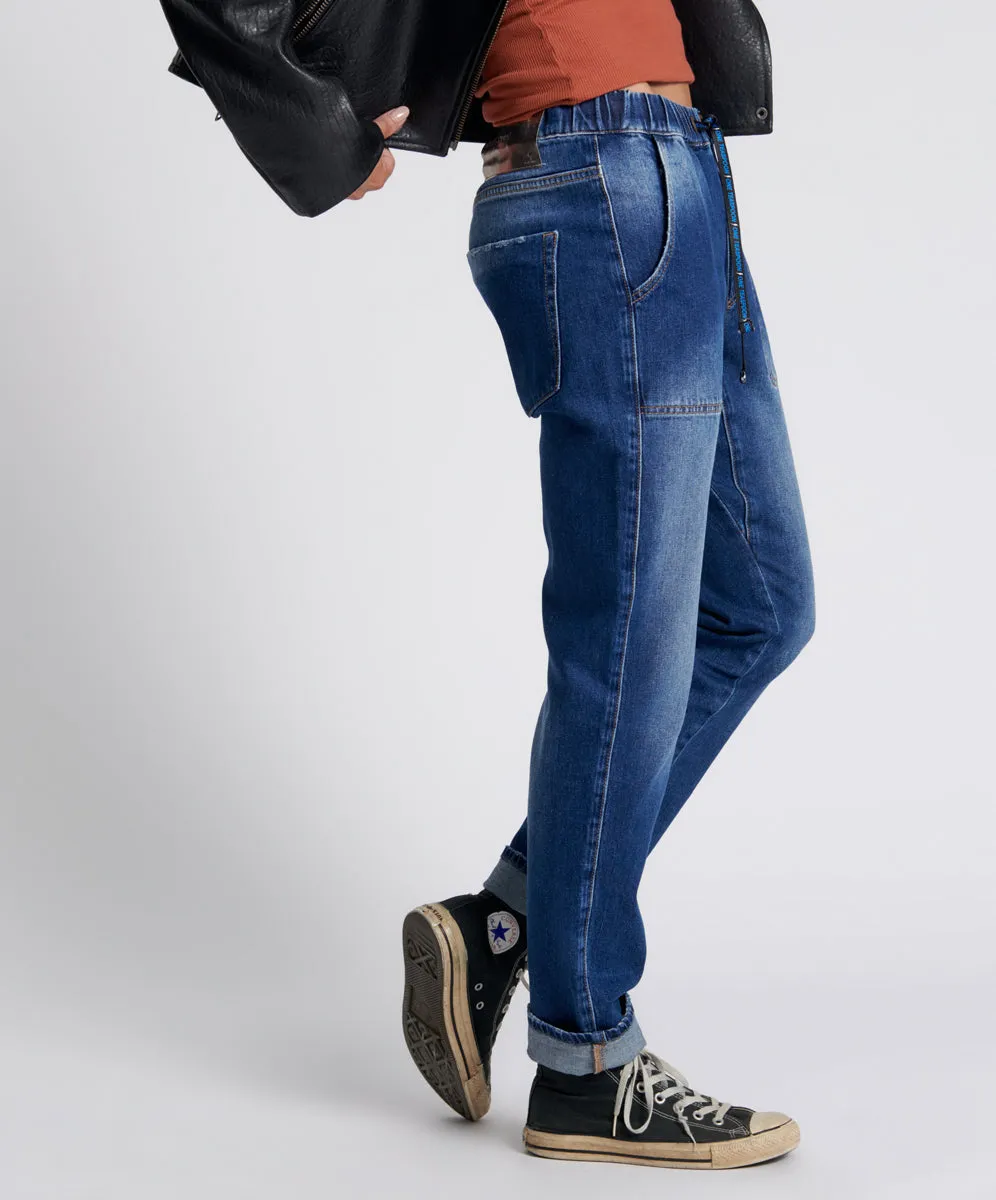 Shabbies Low Waist Drawstring Boyfriend Denim Jeans - Power Blue