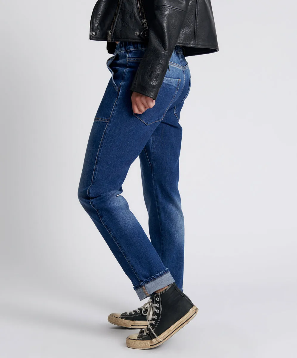 Shabbies Low Waist Drawstring Boyfriend Denim Jeans - Power Blue
