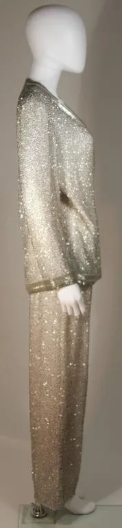 Silver and White Silk Beaded Palazzo Pant Suit Circa 1970s Size M