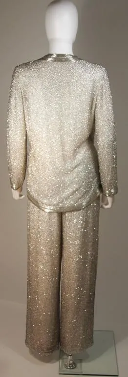 Silver and White Silk Beaded Palazzo Pant Suit Circa 1970s Size M