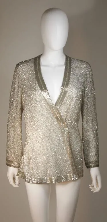 Silver and White Silk Beaded Palazzo Pant Suit Circa 1970s Size M