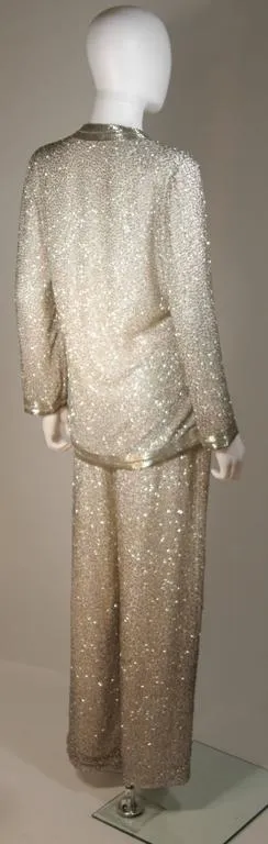 Silver and White Silk Beaded Palazzo Pant Suit Circa 1970s Size M