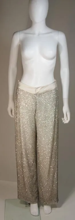 Silver and White Silk Beaded Palazzo Pant Suit Circa 1970s Size M