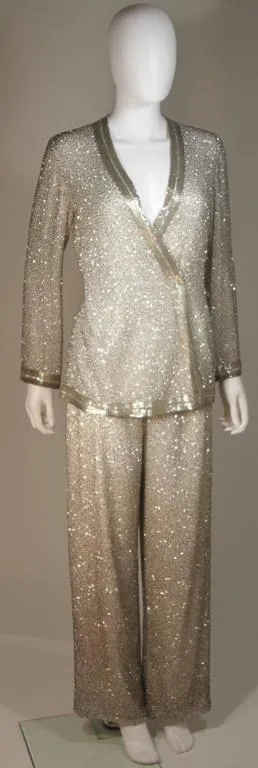 Silver and White Silk Beaded Palazzo Pant Suit Circa 1970s Size M