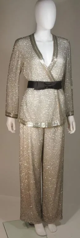 Silver and White Silk Beaded Palazzo Pant Suit Circa 1970s Size M