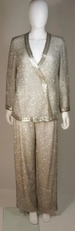 Silver and White Silk Beaded Palazzo Pant Suit Circa 1970s Size M