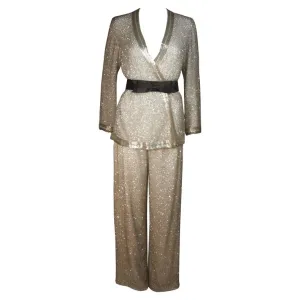 Silver and White Silk Beaded Palazzo Pant Suit Circa 1970s Size M