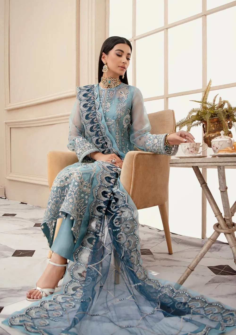 Sky Blue Embroidered Capri Style Pakistani Salwar Kameez Dupatta