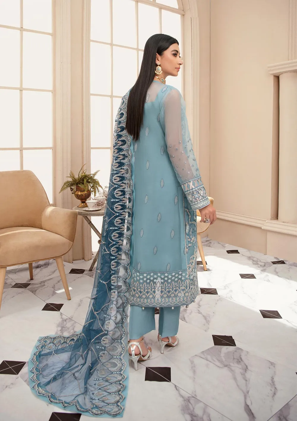 Sky Blue Embroidered Capri Style Pakistani Salwar Kameez Dupatta