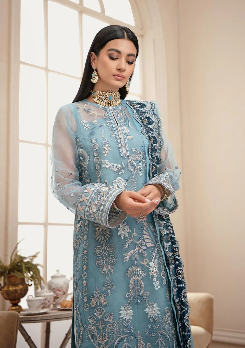 Sky Blue Embroidered Capri Style Pakistani Salwar Kameez Dupatta