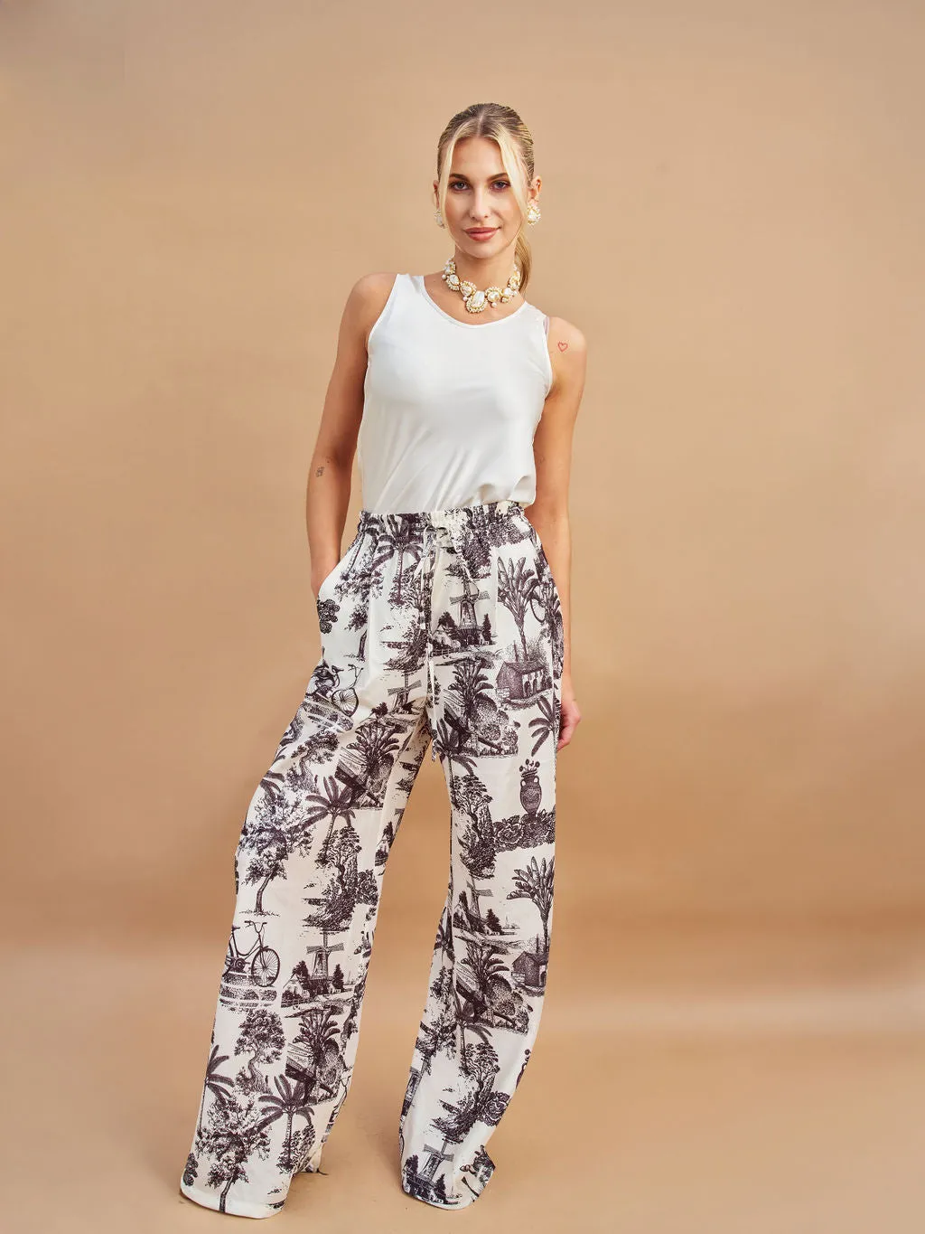 Sloane Wide Leg Tall Palazzo Pants - Tropical Bicycle Print