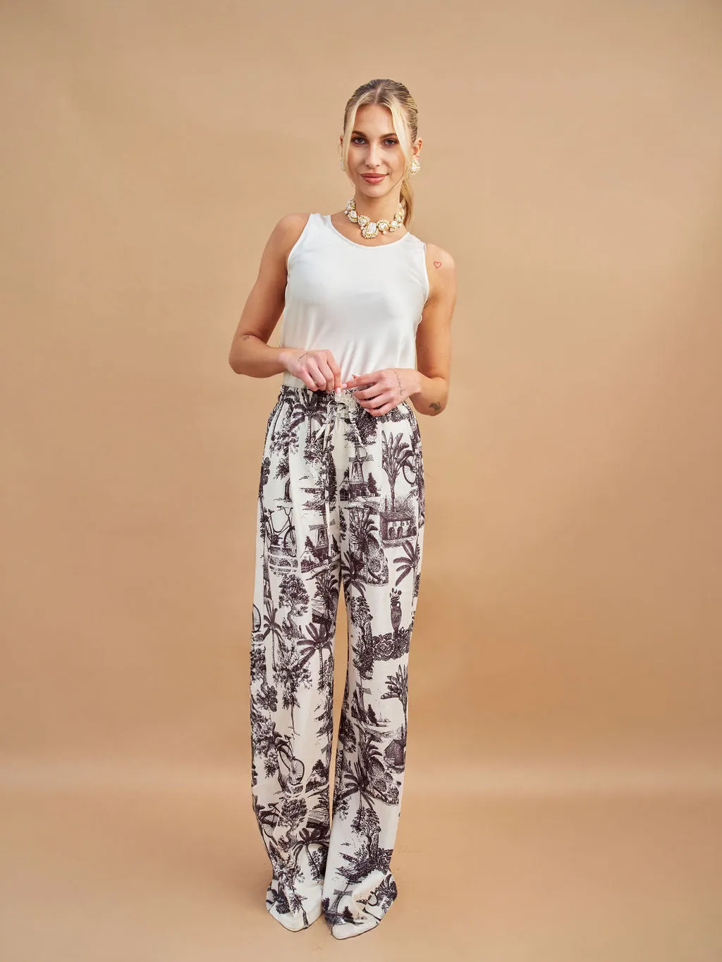 Sloane Wide Leg Tall Palazzo Pants - Tropical Bicycle Print