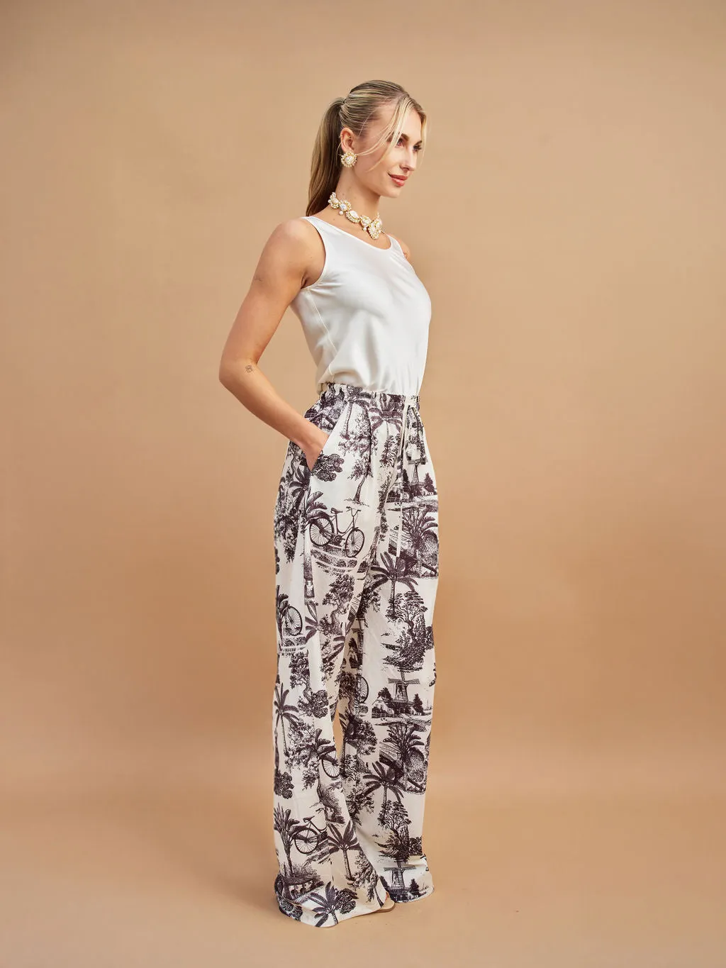 Sloane Wide Leg Tall Palazzo Pants - Tropical Bicycle Print