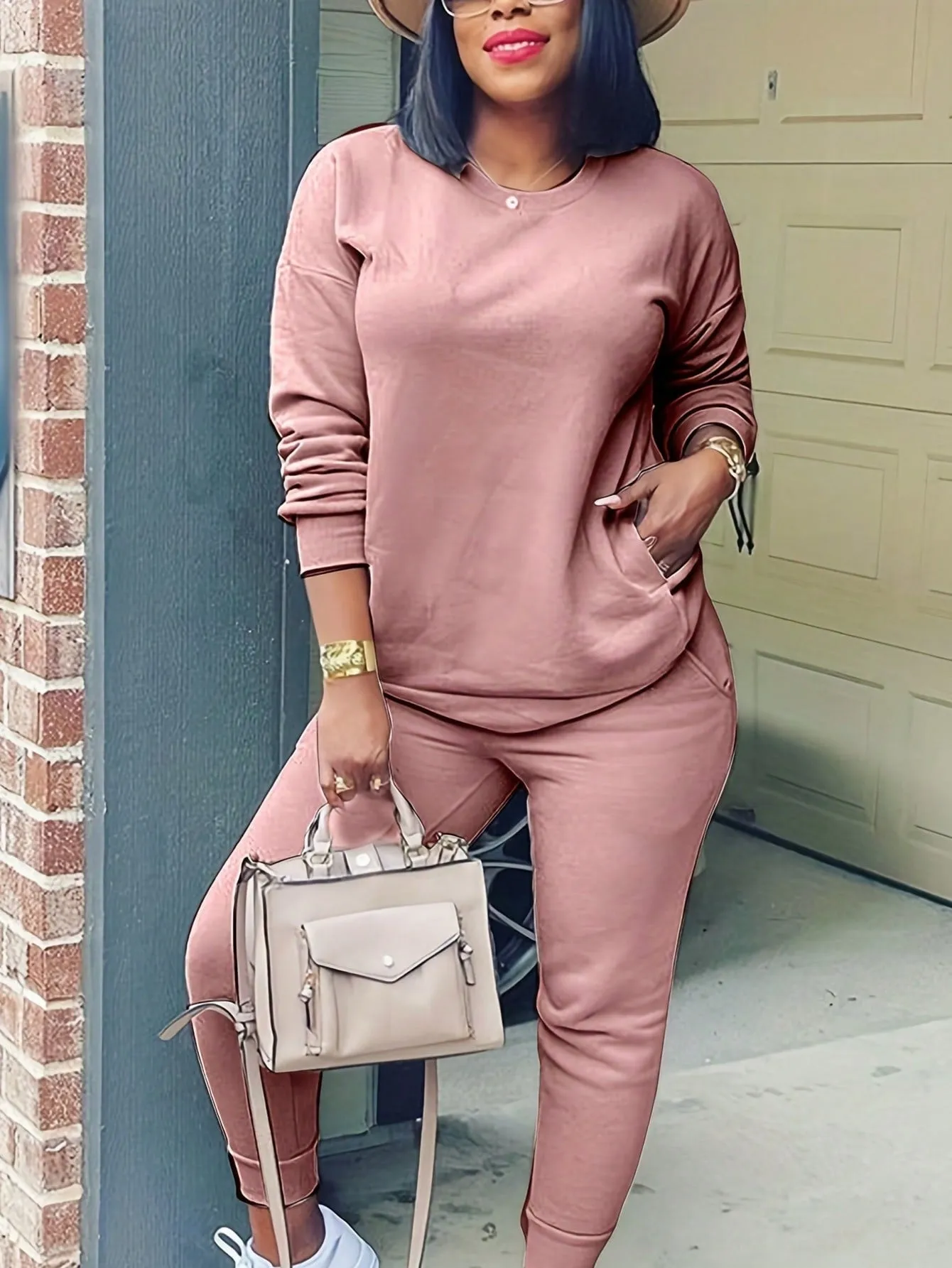 Solid Drop Shoulder Slant Pocket Sweatshirt & Sweatpants