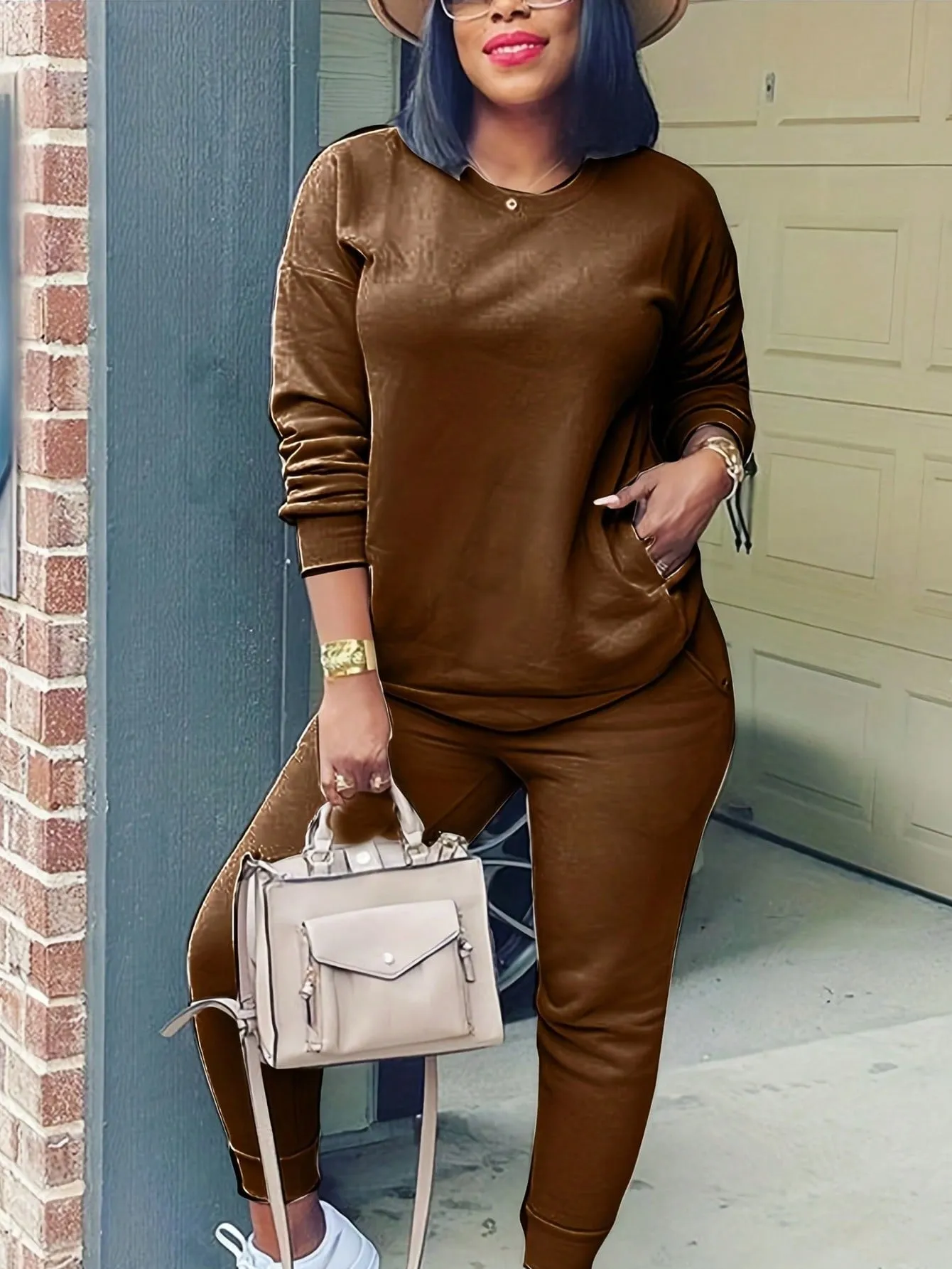 Solid Drop Shoulder Slant Pocket Sweatshirt & Sweatpants