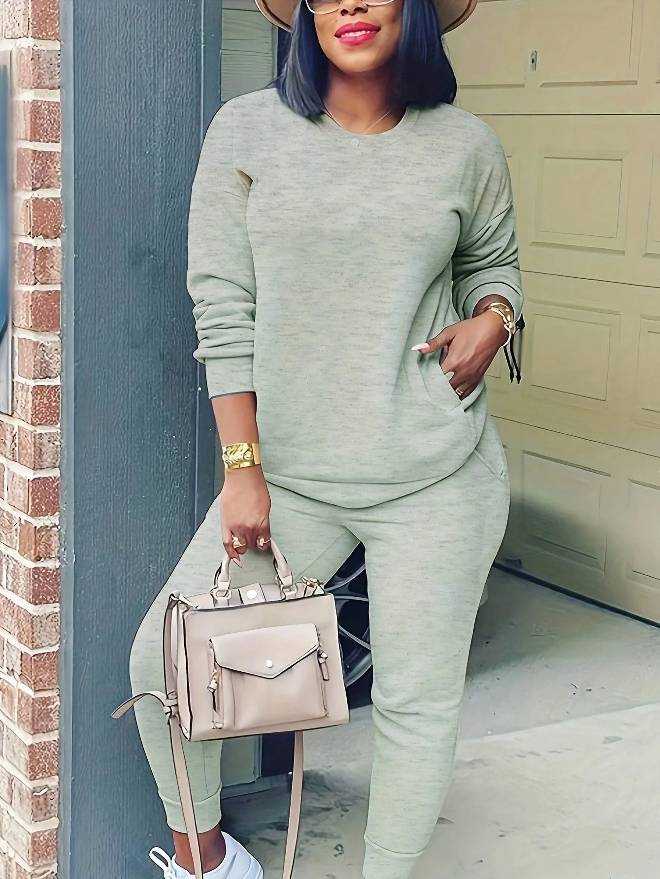 Solid Drop Shoulder Slant Pocket Sweatshirt & Sweatpants