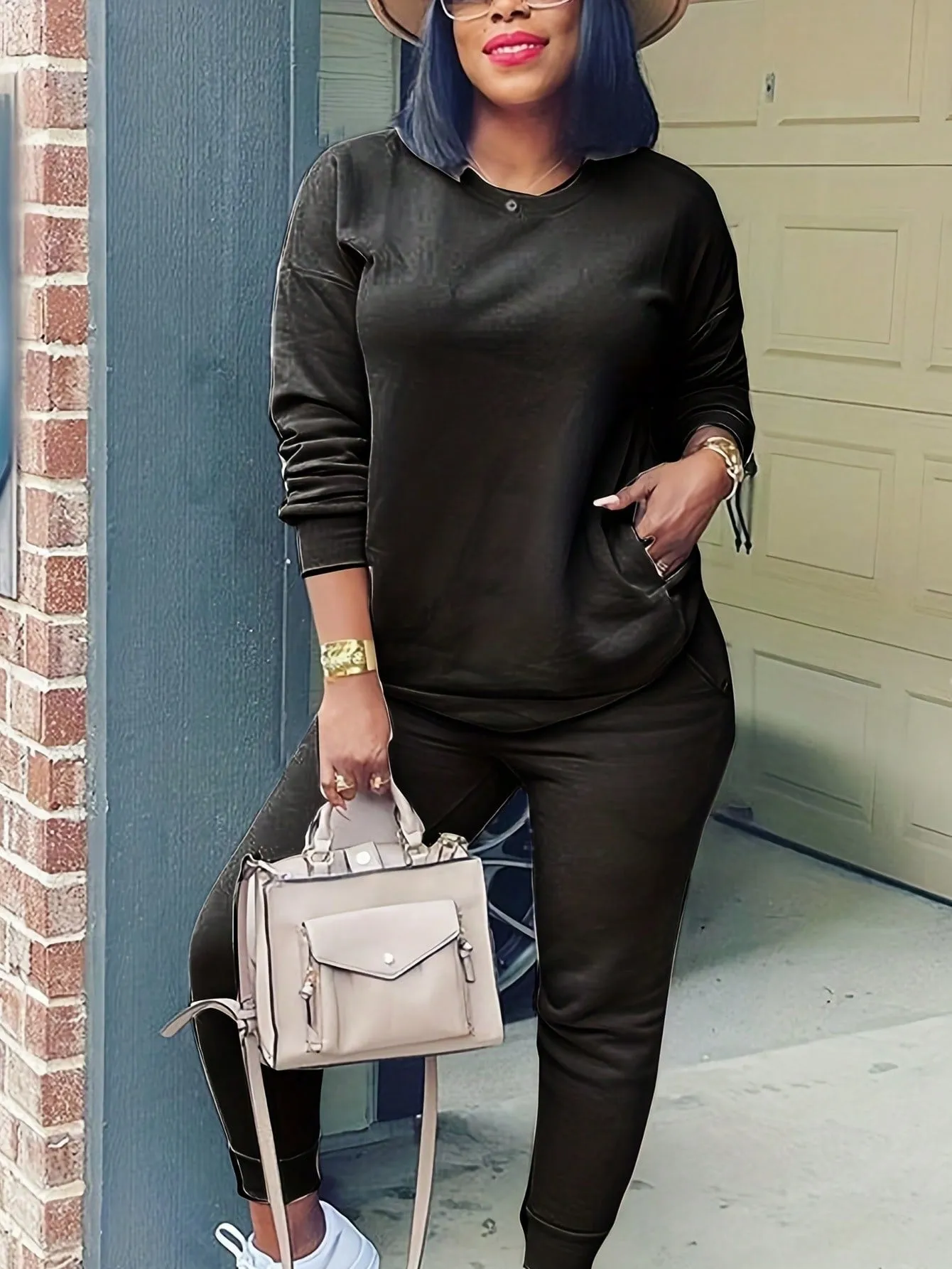 Solid Drop Shoulder Slant Pocket Sweatshirt & Sweatpants