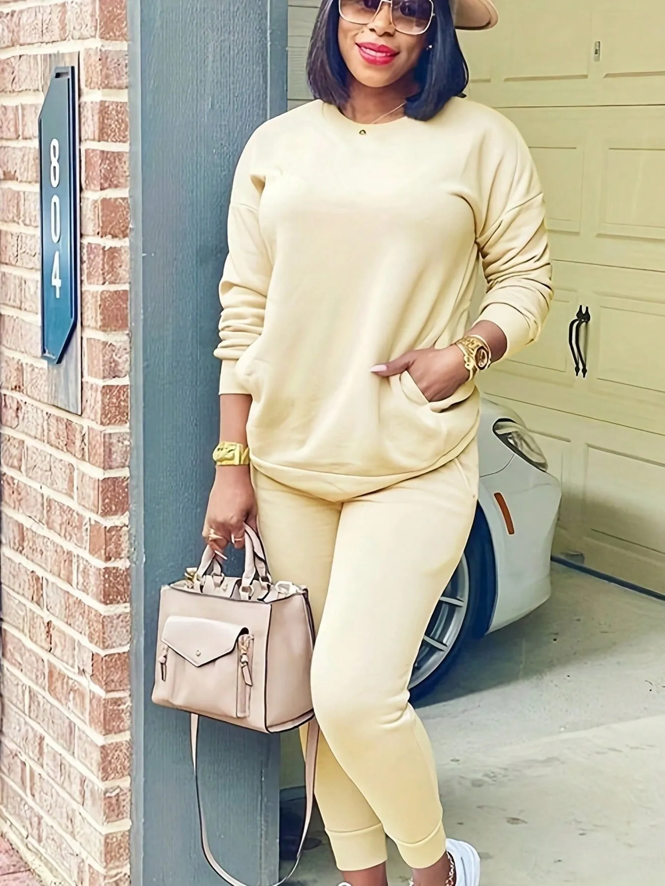 Solid Drop Shoulder Slant Pocket Sweatshirt & Sweatpants