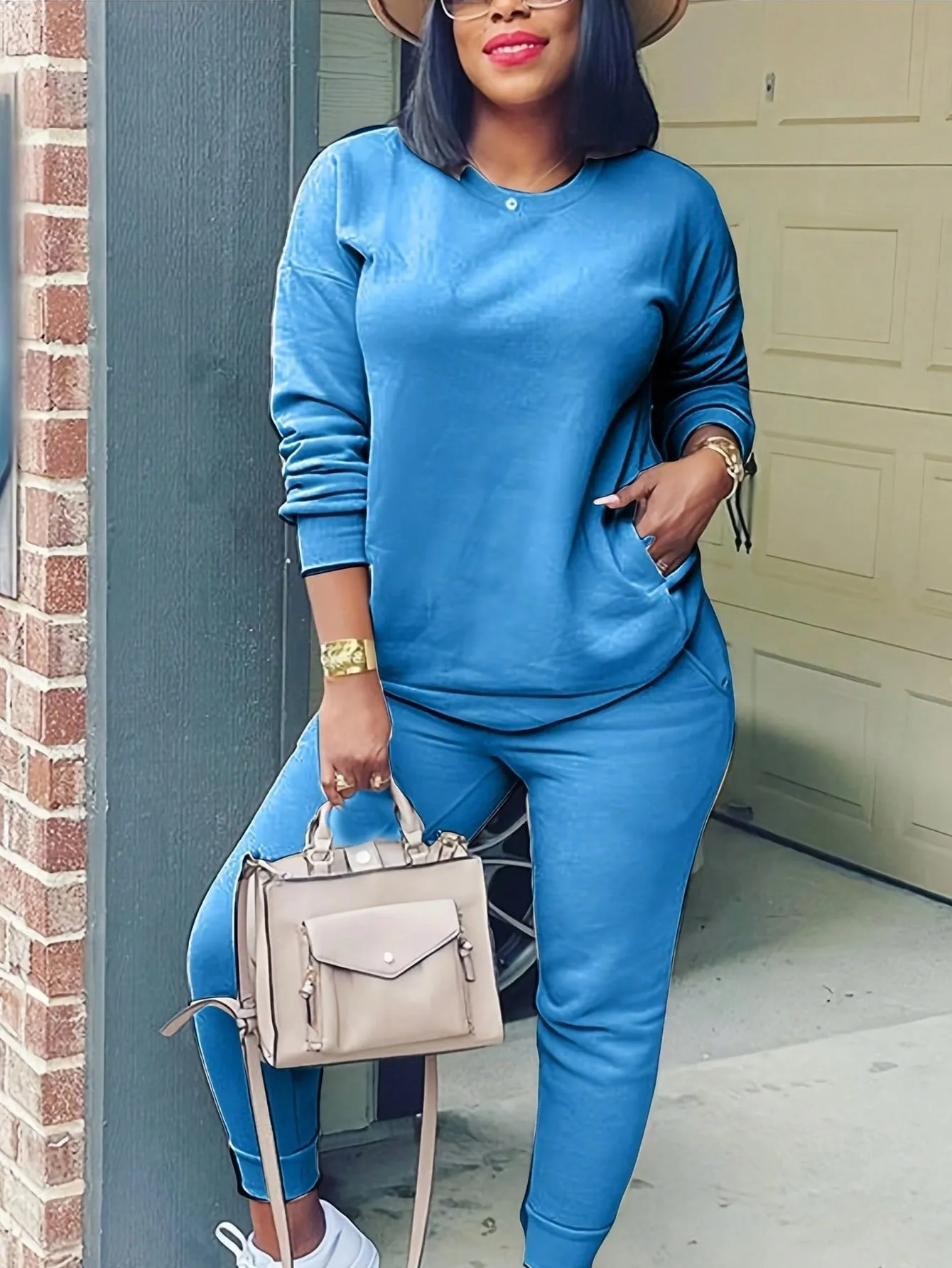 Solid Drop Shoulder Slant Pocket Sweatshirt & Sweatpants
