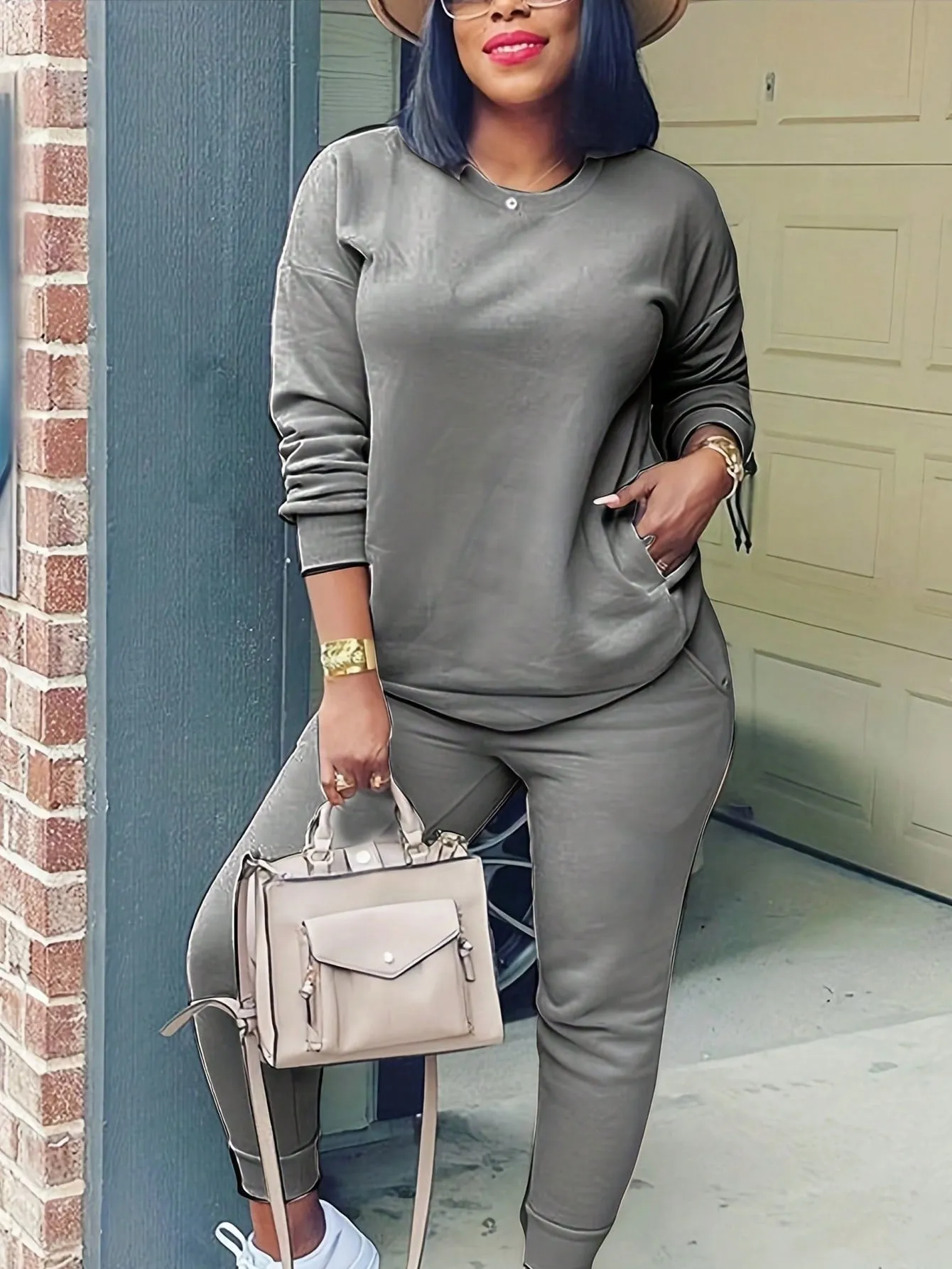 Solid Drop Shoulder Slant Pocket Sweatshirt & Sweatpants