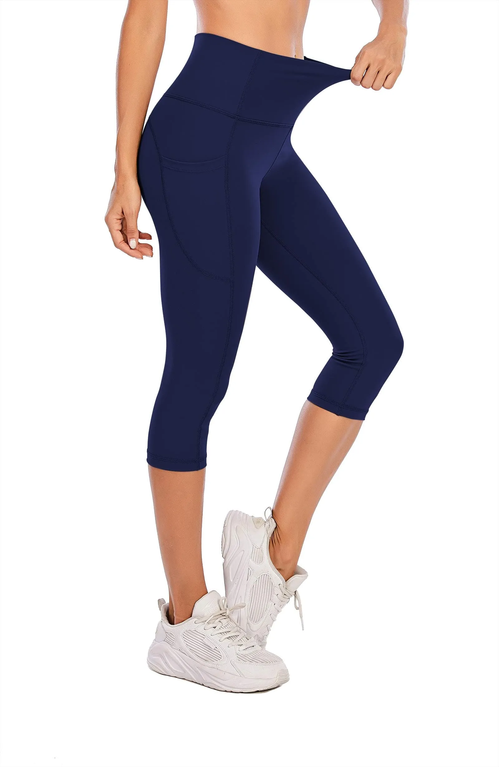 Steppe Naked Feeling High Waisted Yoga Pants Women's Workout Capris Leggings with Pockets Tummy Control Buttery Soft Running Compression Capris for Athletic Gym Exercise Fitness Royal Blue