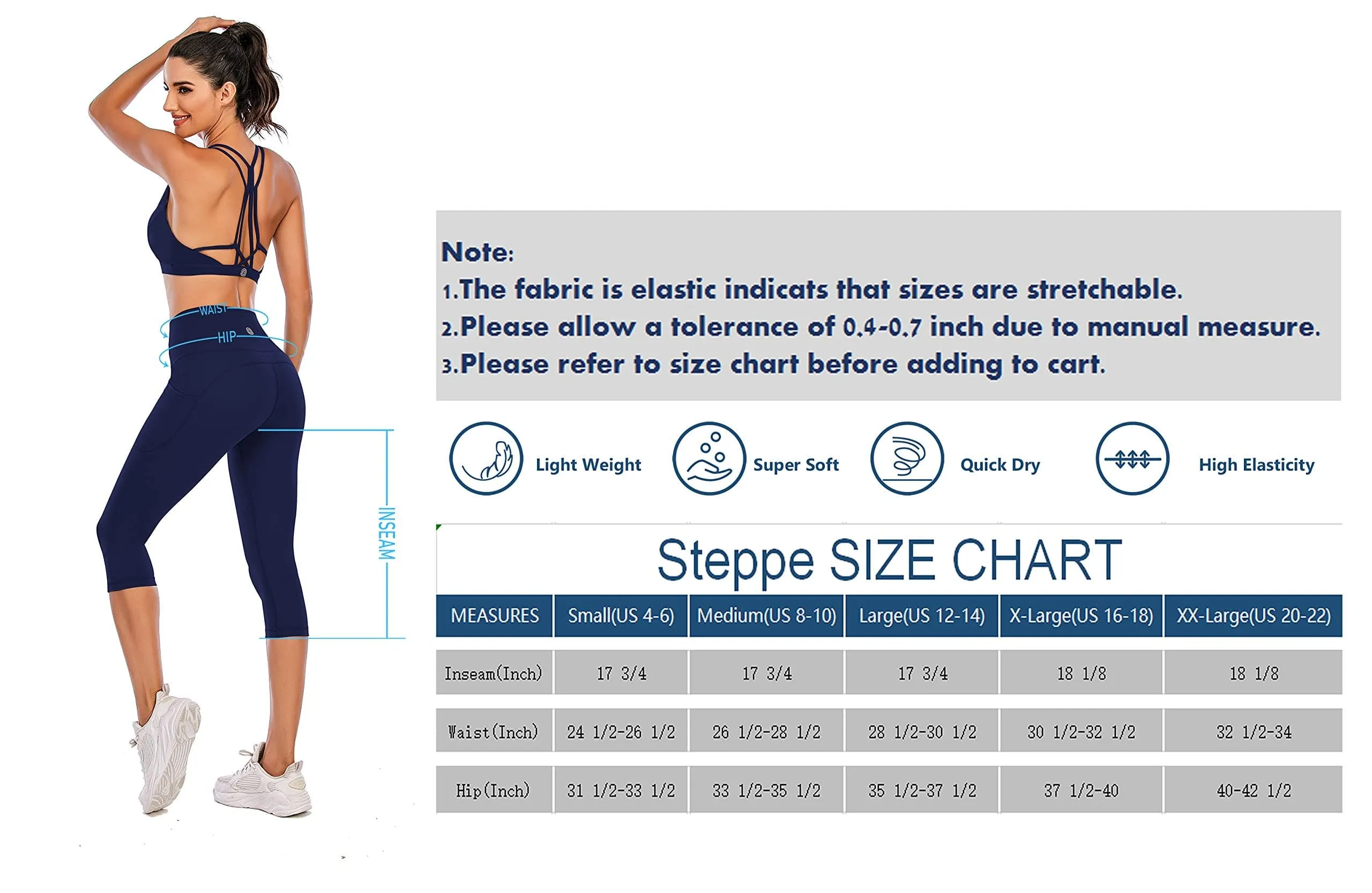 Steppe Naked Feeling High Waisted Yoga Pants Women's Workout Capris Leggings with Pockets Tummy Control Buttery Soft Running Compression Capris for Athletic Gym Exercise Fitness Royal Blue