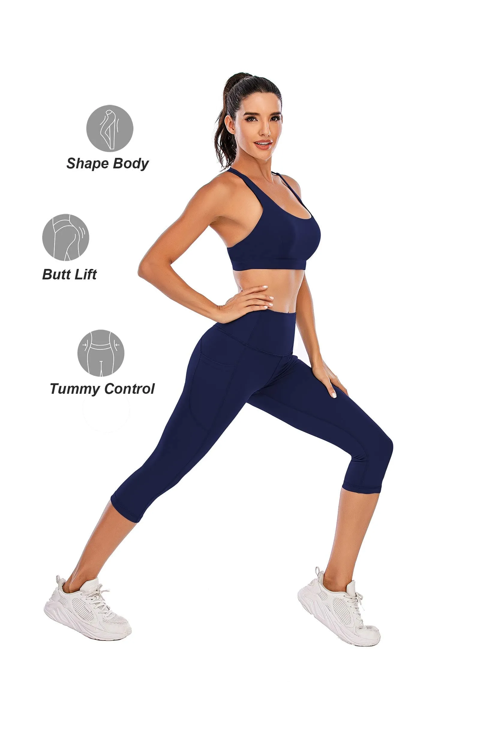 Steppe Naked Feeling High Waisted Yoga Pants Women's Workout Capris Leggings with Pockets Tummy Control Buttery Soft Running Compression Capris for Athletic Gym Exercise Fitness Royal Blue