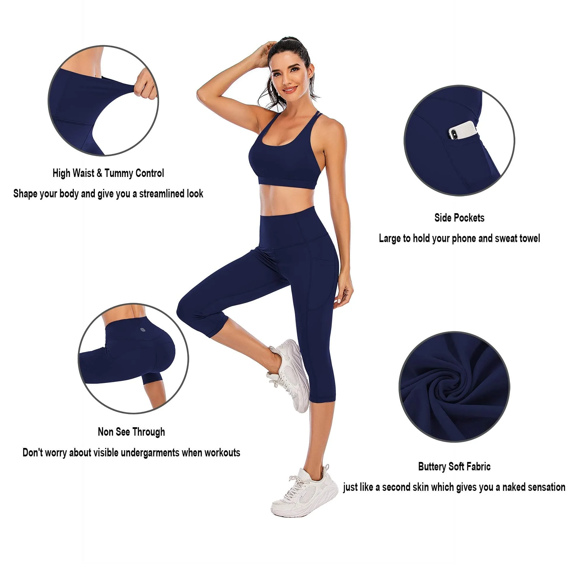 Steppe Naked Feeling High Waisted Yoga Pants Women's Workout Capris Leggings with Pockets Tummy Control Buttery Soft Running Compression Capris for Athletic Gym Exercise Fitness Royal Blue
