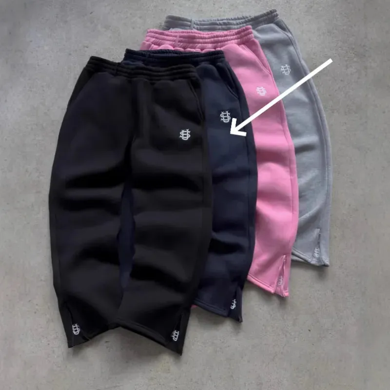 Stretch Rope Zipper Sweatpants Solid Color Casual