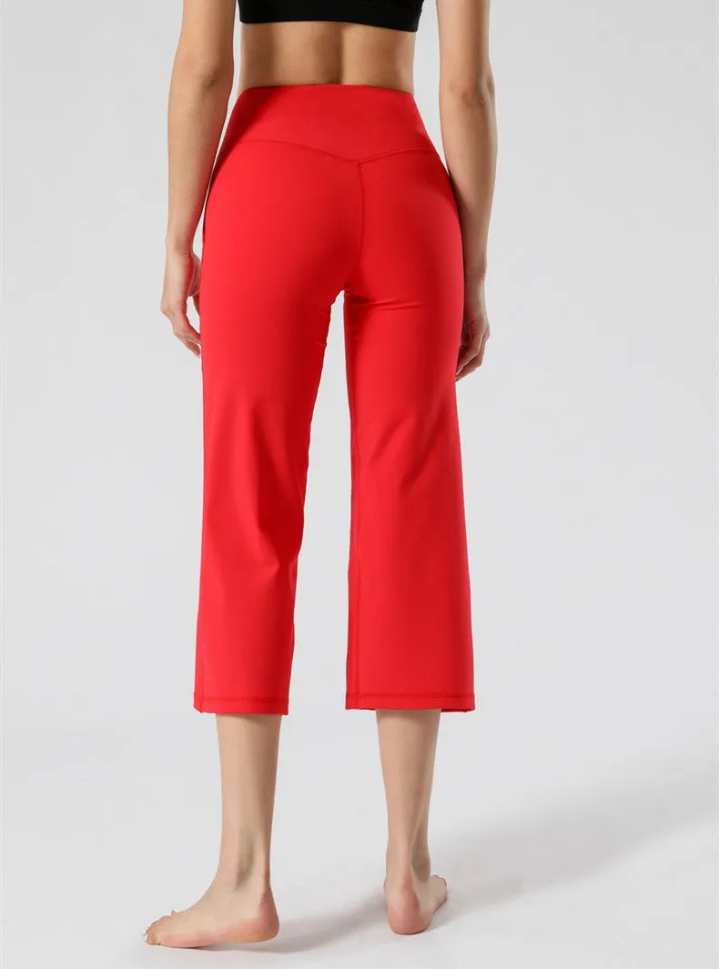 Summer High Waist Yoga Pants Women Pocket Fitness Straight Capri Pants