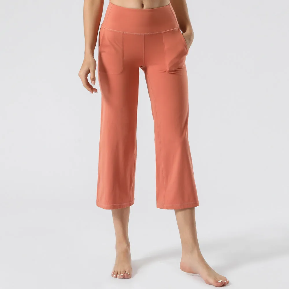 Summer High Waist Yoga Pants Women Pocket Fitness Straight Capri Pants