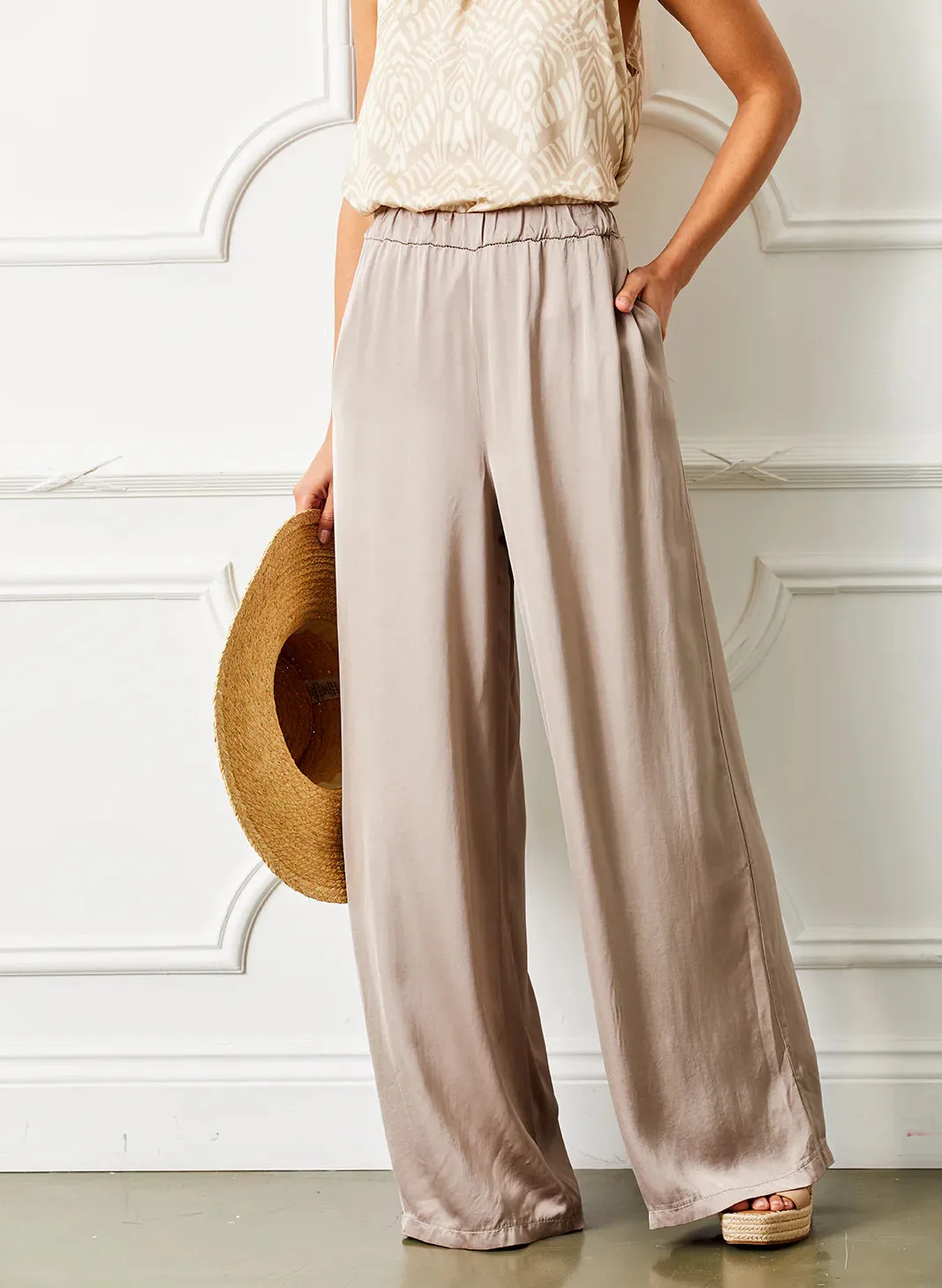 Suzy D Gabi Satin Palazzo Trousers - Mushroom