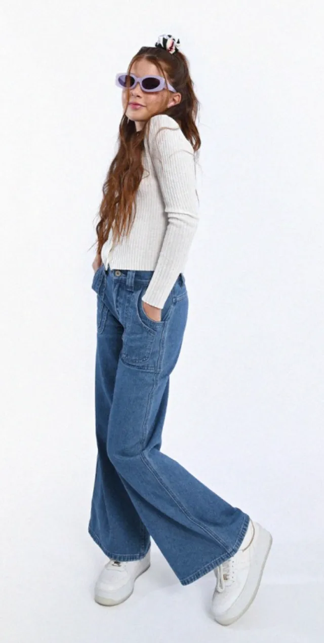 The Jones Wide Leg Denim Pants - Denim Blue - KIDS